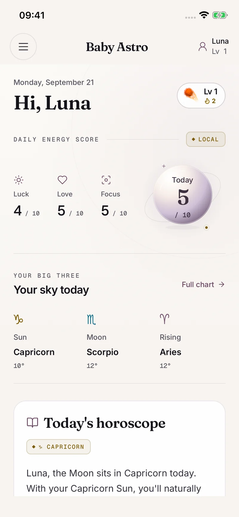 Baby Astro daily overview with personal chart placements