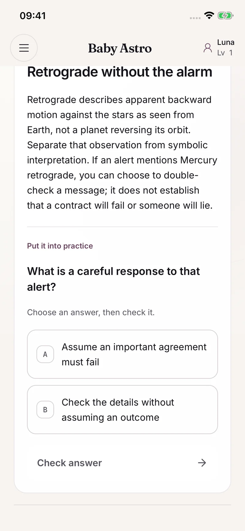 Baby Astro learning quiz explaining retrograde motion
