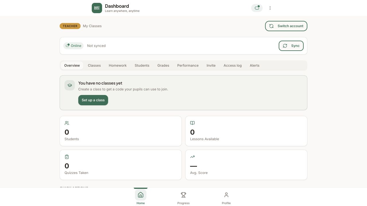 Teacher dashboard with class, homework and grade navigation; empty demo workspace