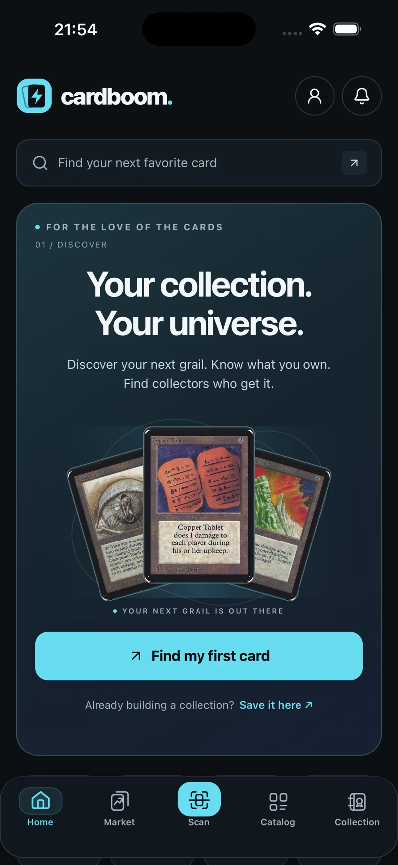 Cardboom trading card discovery interface