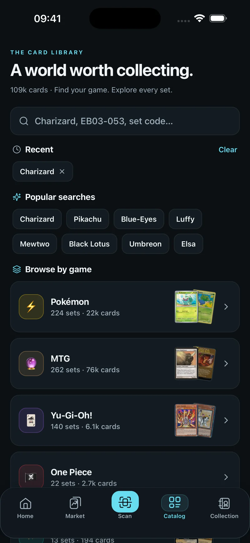 Cardboom searchable catalogue across Pokémon, Magic and other card games