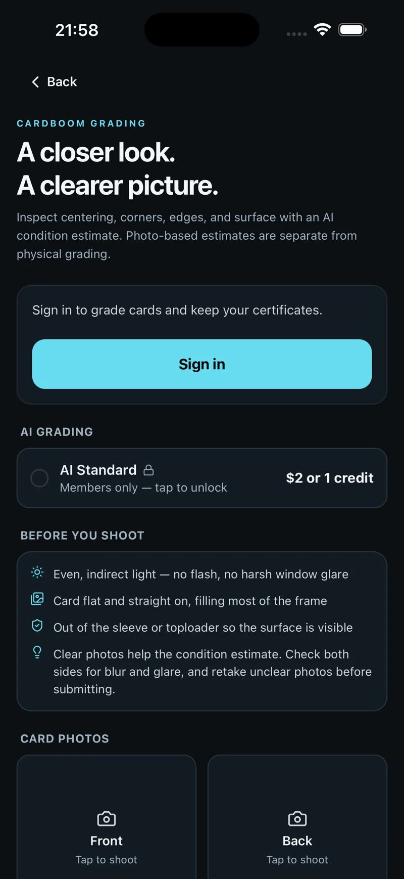 Cardboom photo-based condition estimate and grading entry screen