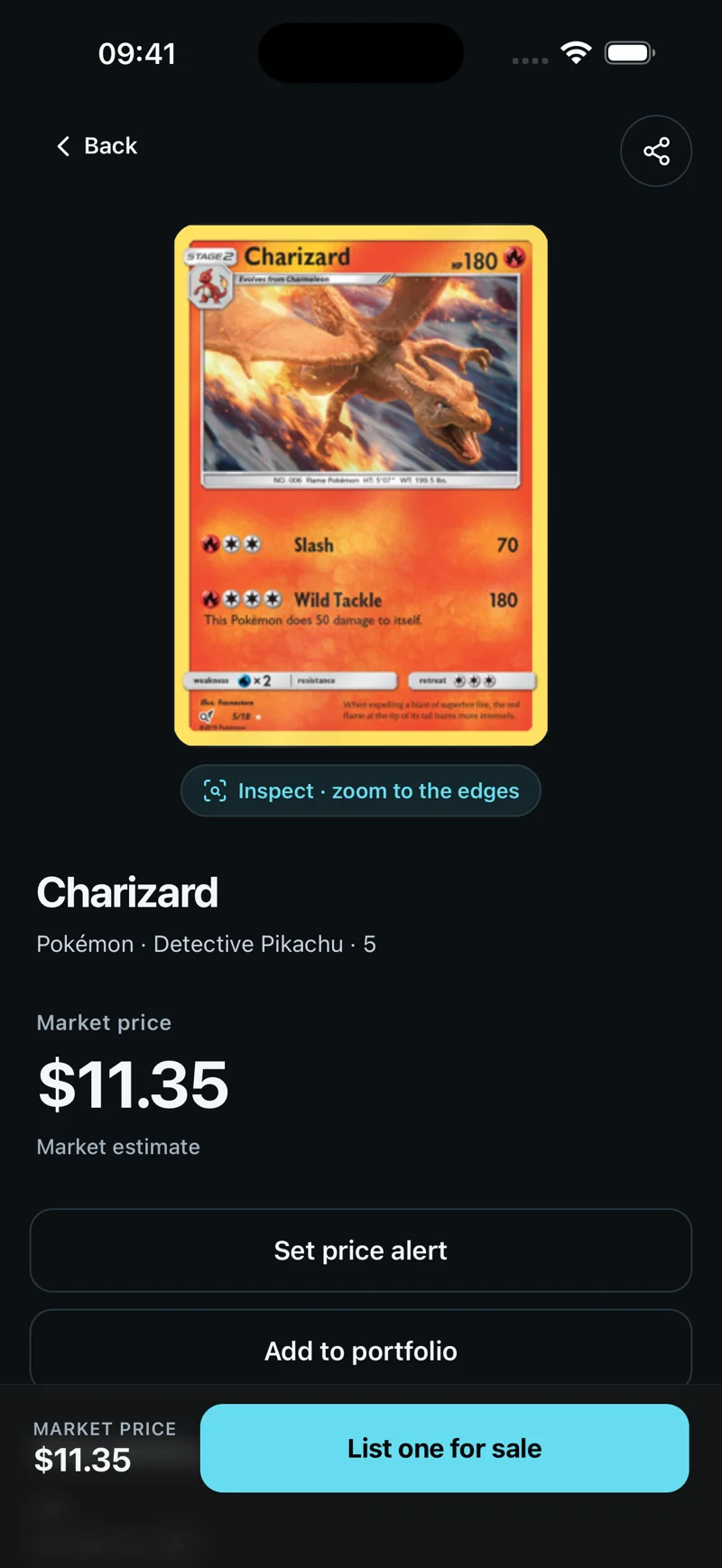 Cardboom card details with a dated interface price estimate