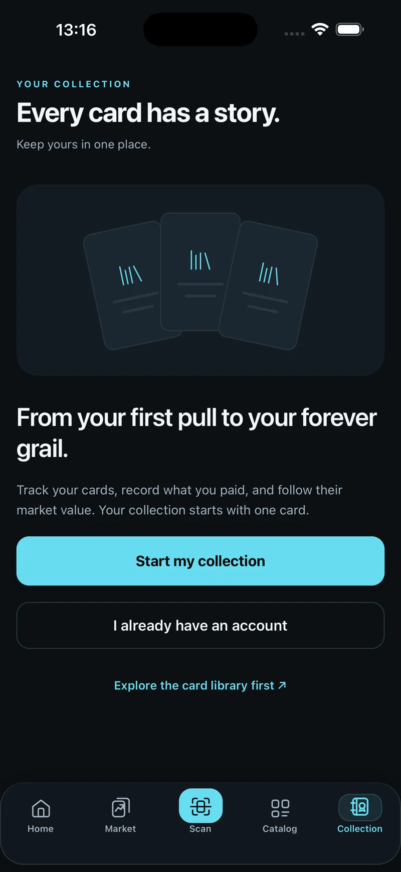 Cardboom collection onboarding screen