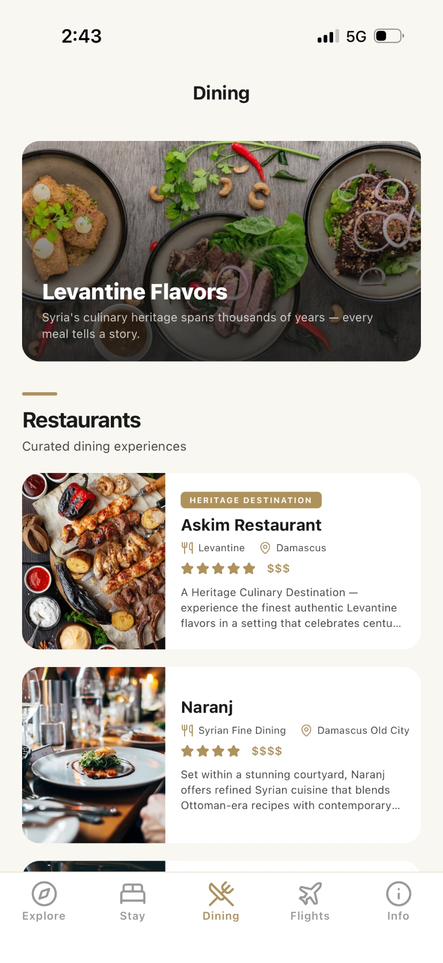 Go To Syria dining interface with restaurant listings, cuisine labels and locations