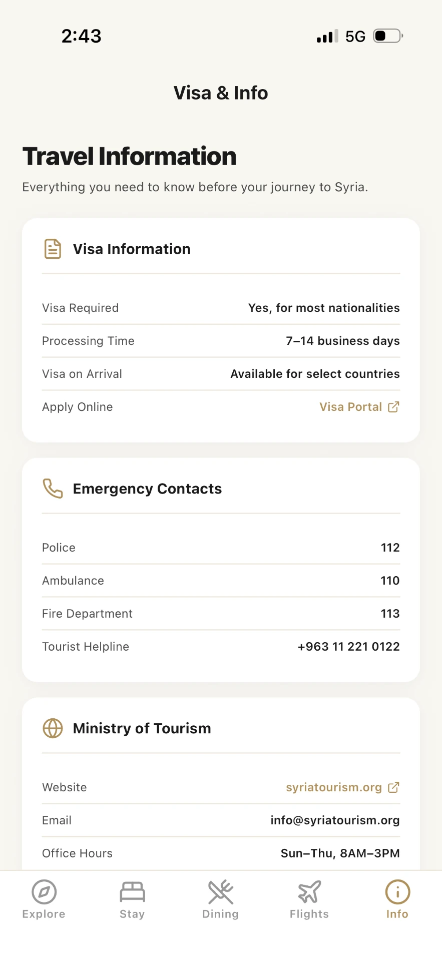 Go To Syria travel-information interface with visa and contact sections