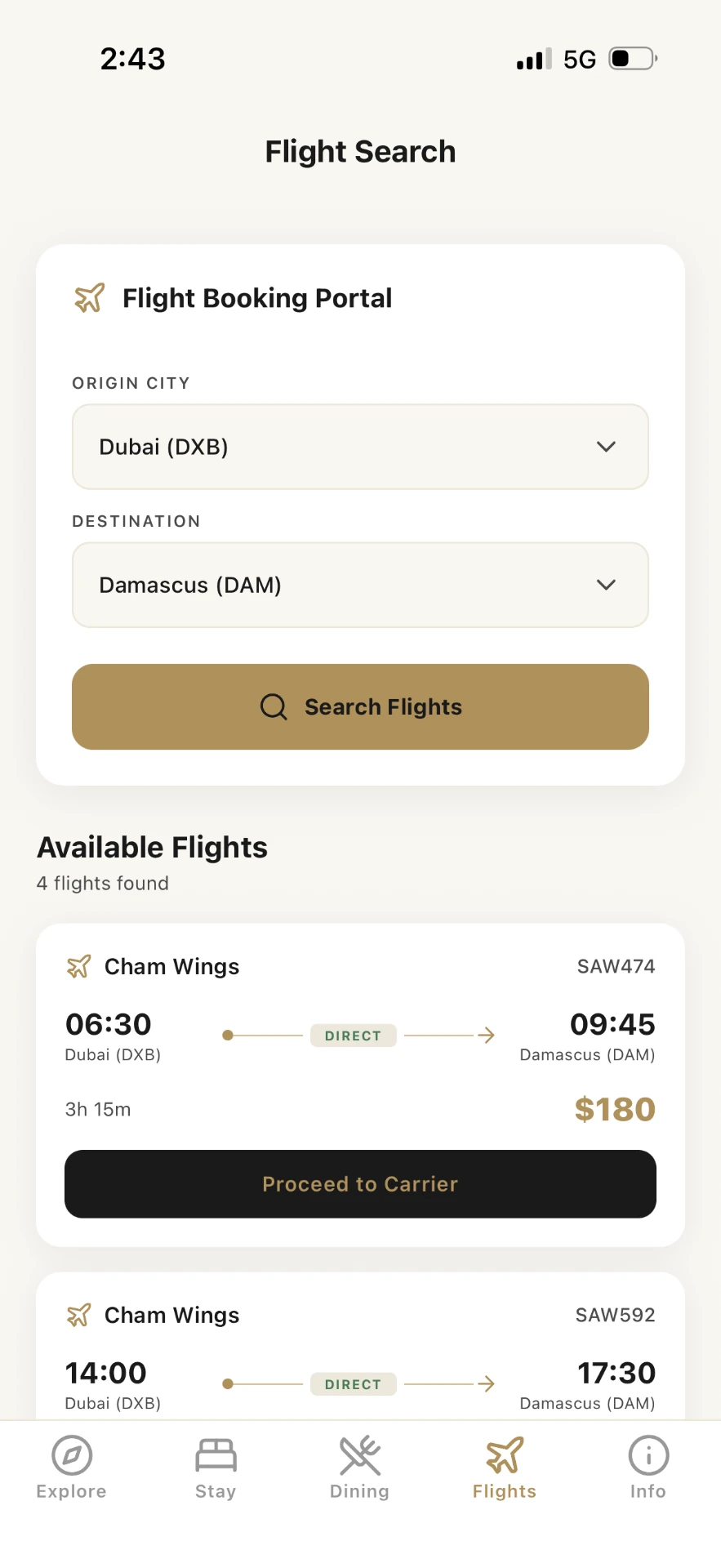 Go To Syria flight-search interface with origin, destination and carrier-result cards