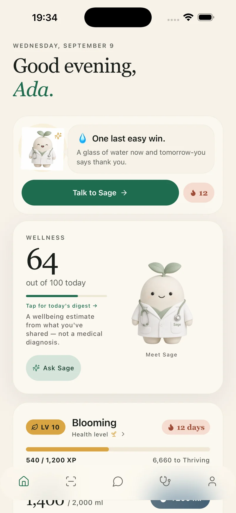 Lifepack daily wellness overview with Sage and example habit progress
