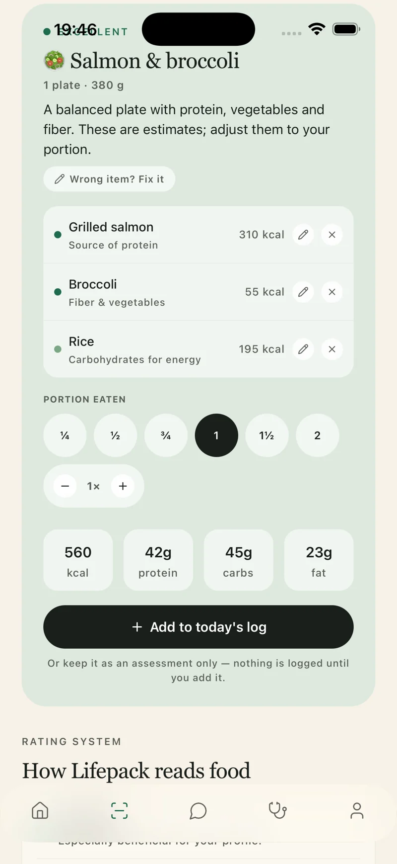 Lifepack illustrative meal estimate with portion controls