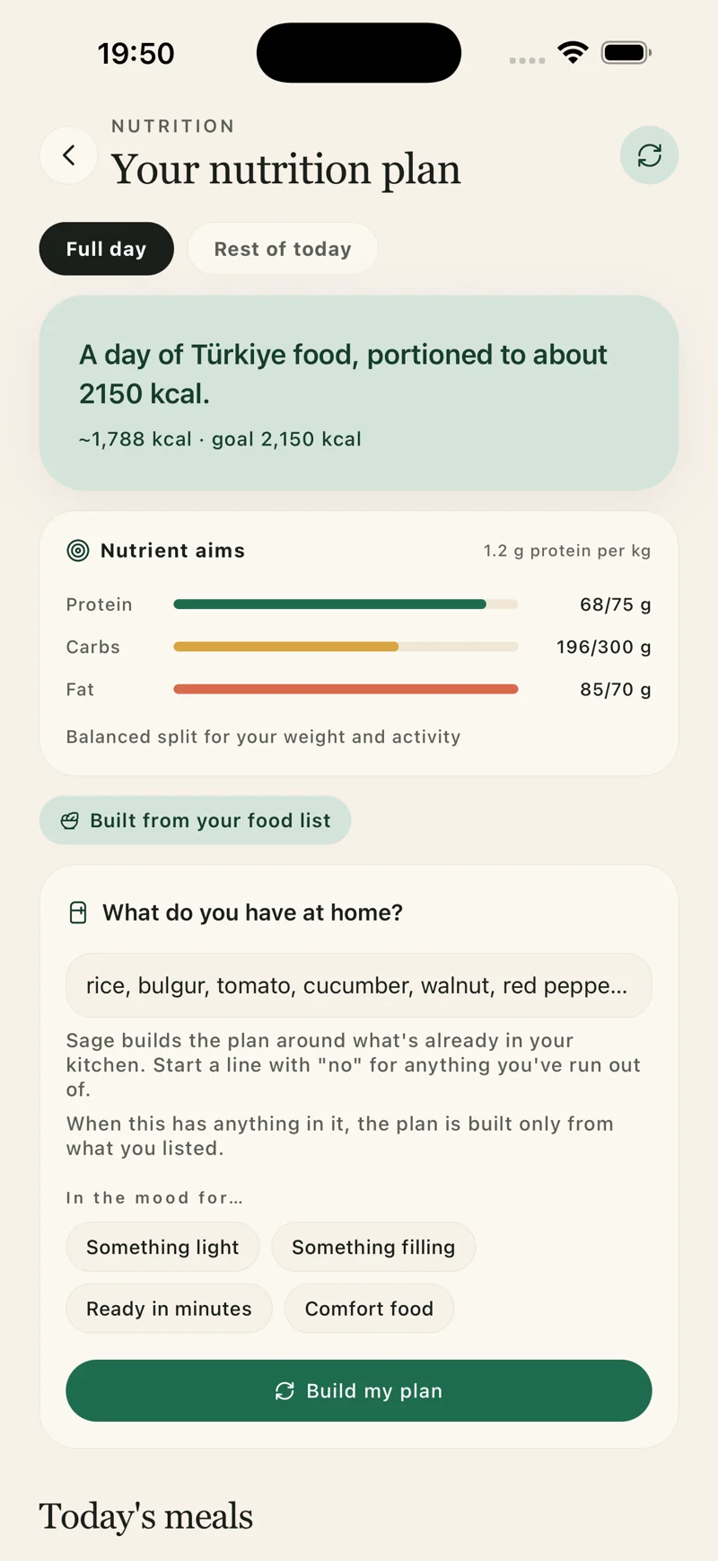 Lifepack pantry meal planning interface with example ingredients