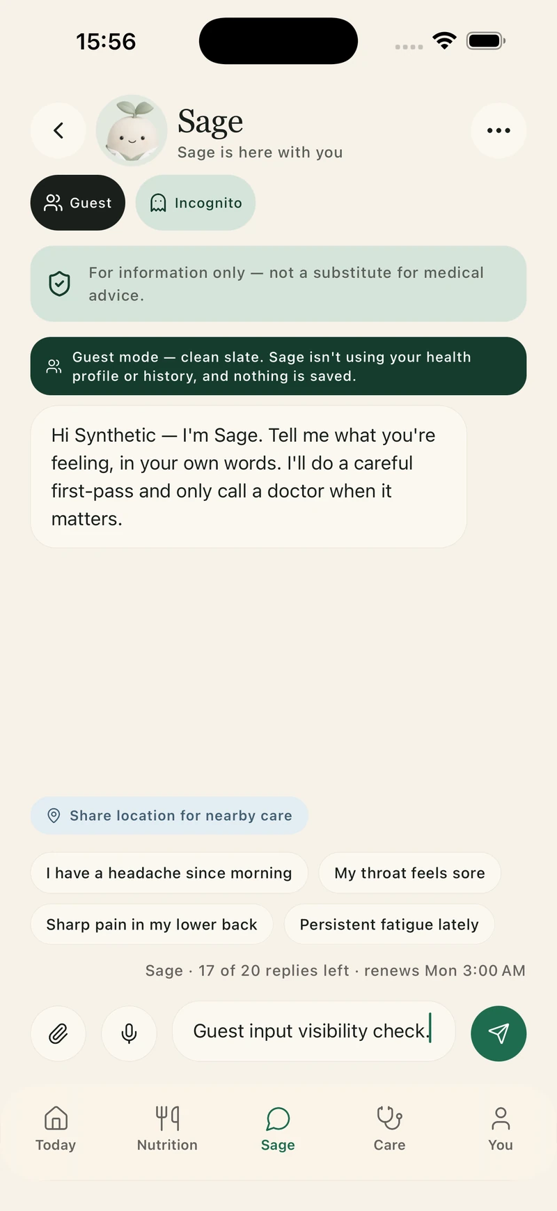 Lifepack Sage Guest controls with synthetic demo data — native QA capture, 2 October 2026