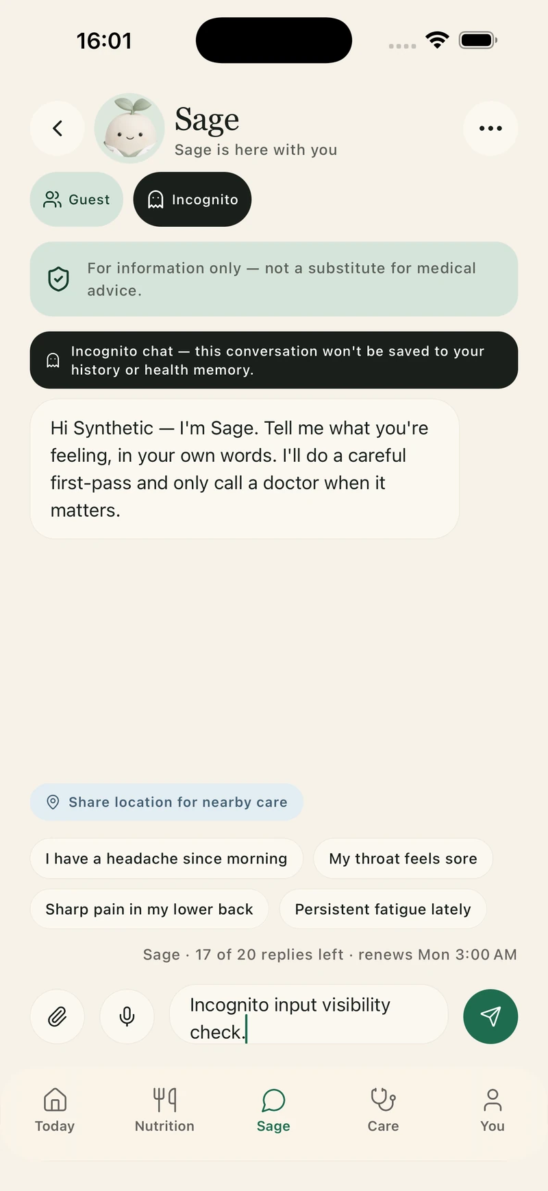 Lifepack Sage Incognito controls with synthetic demo data — native QA capture, 2 October 2026