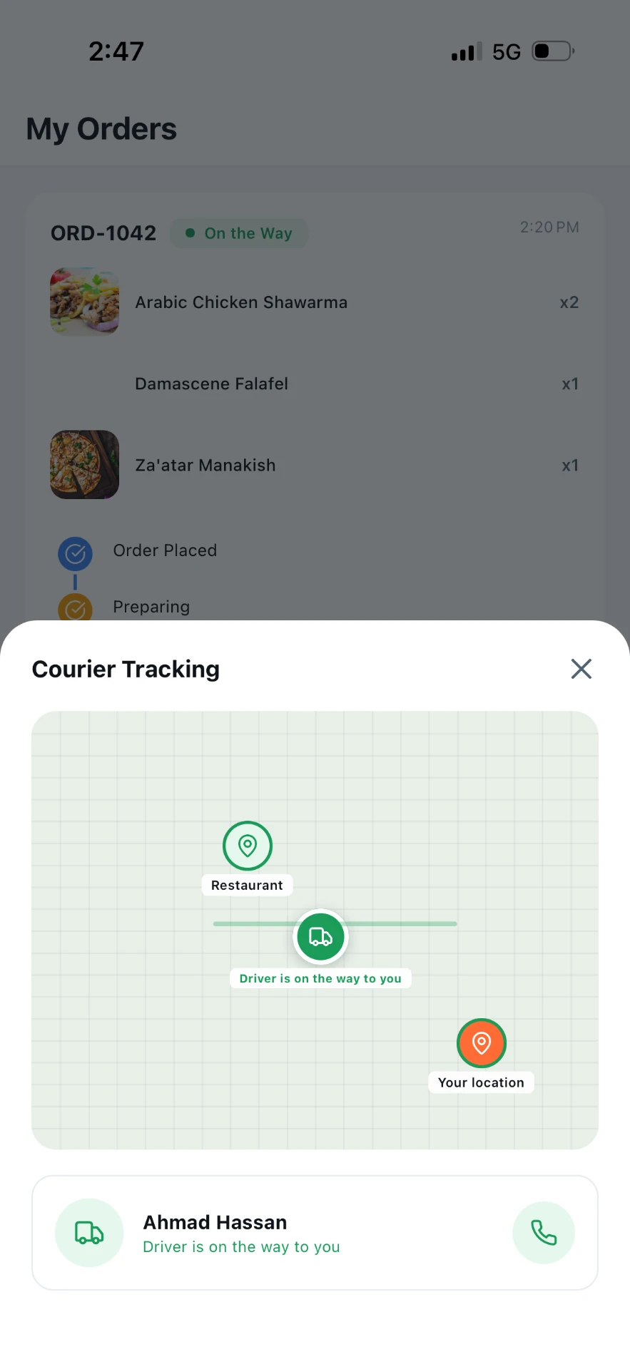 Wasel courier-tracking interface with a schematic route and driver contact control
