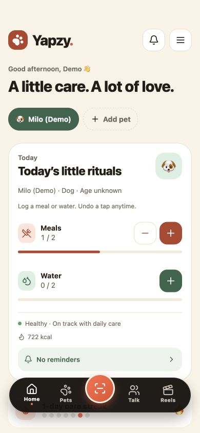 Yapzy local care dashboard with fictional Milo — Expo web preview, 3 October 2026
