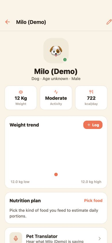 Yapzy pet profile with fictional Milo and one example weight record